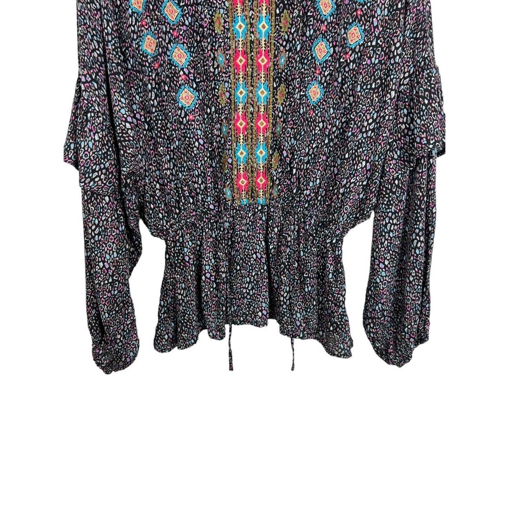 Savanna Jane Embroidered Leopard Print Top 2X Long Sleeve Blouson Boho Flutter - Picture 6 of 12